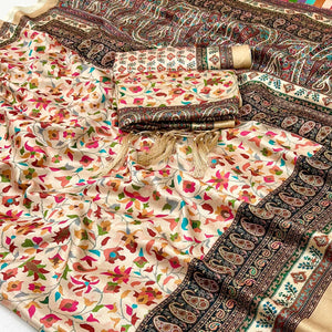 Cream Floral Digital Printed Pashmina Saree With Shawl