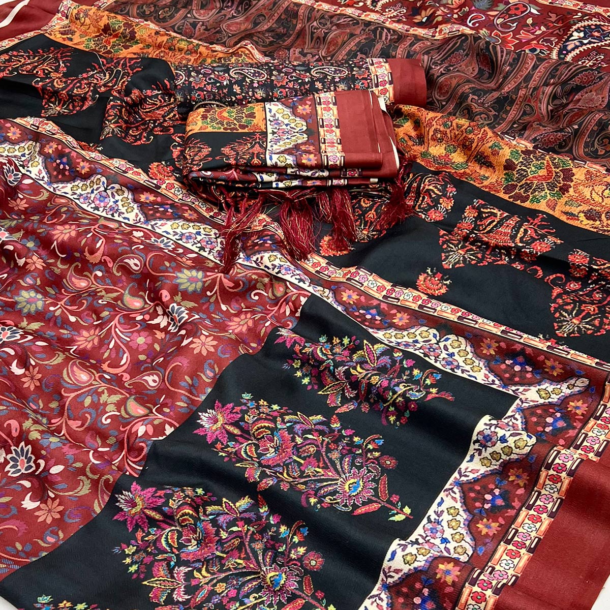 Maroon Floral Digital Printed Pashmina Saree With Shawl