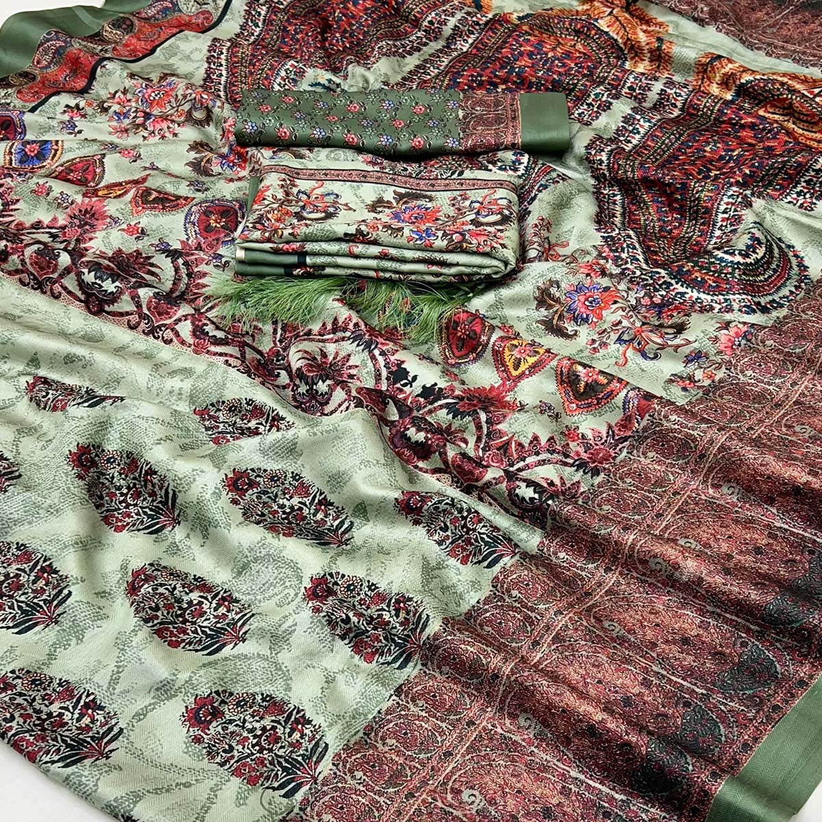 Green Floral Digital Printed Pashmina Saree With Shawl