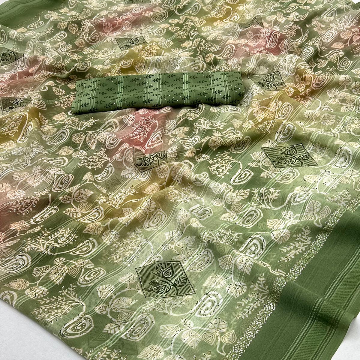 Green Floral Printed Georgette Saree