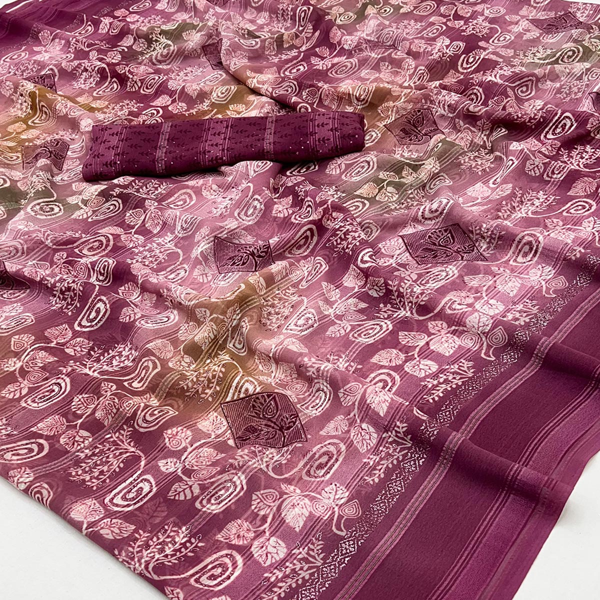 Wine Floral Printed Georgette Saree