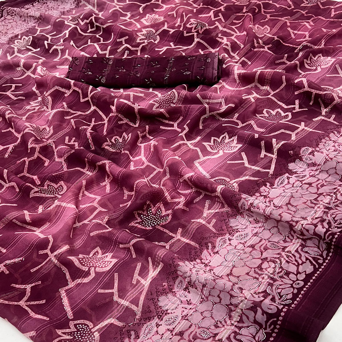Dark Wine Floral Printed Georgette Saree