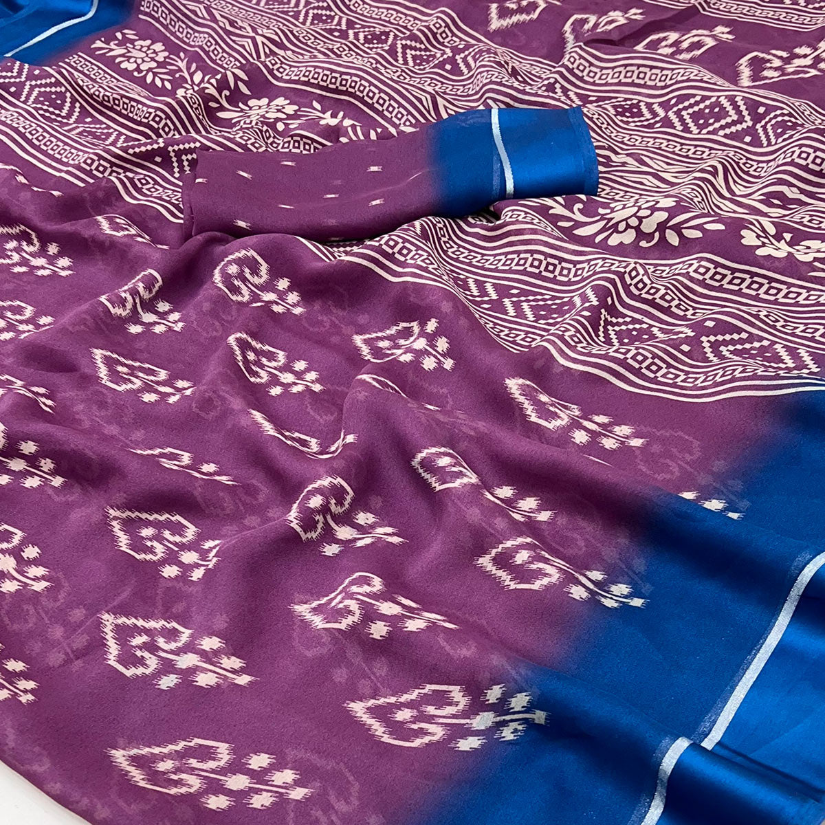 Purple Ikkat Printed Georgette Saree With Satin Border