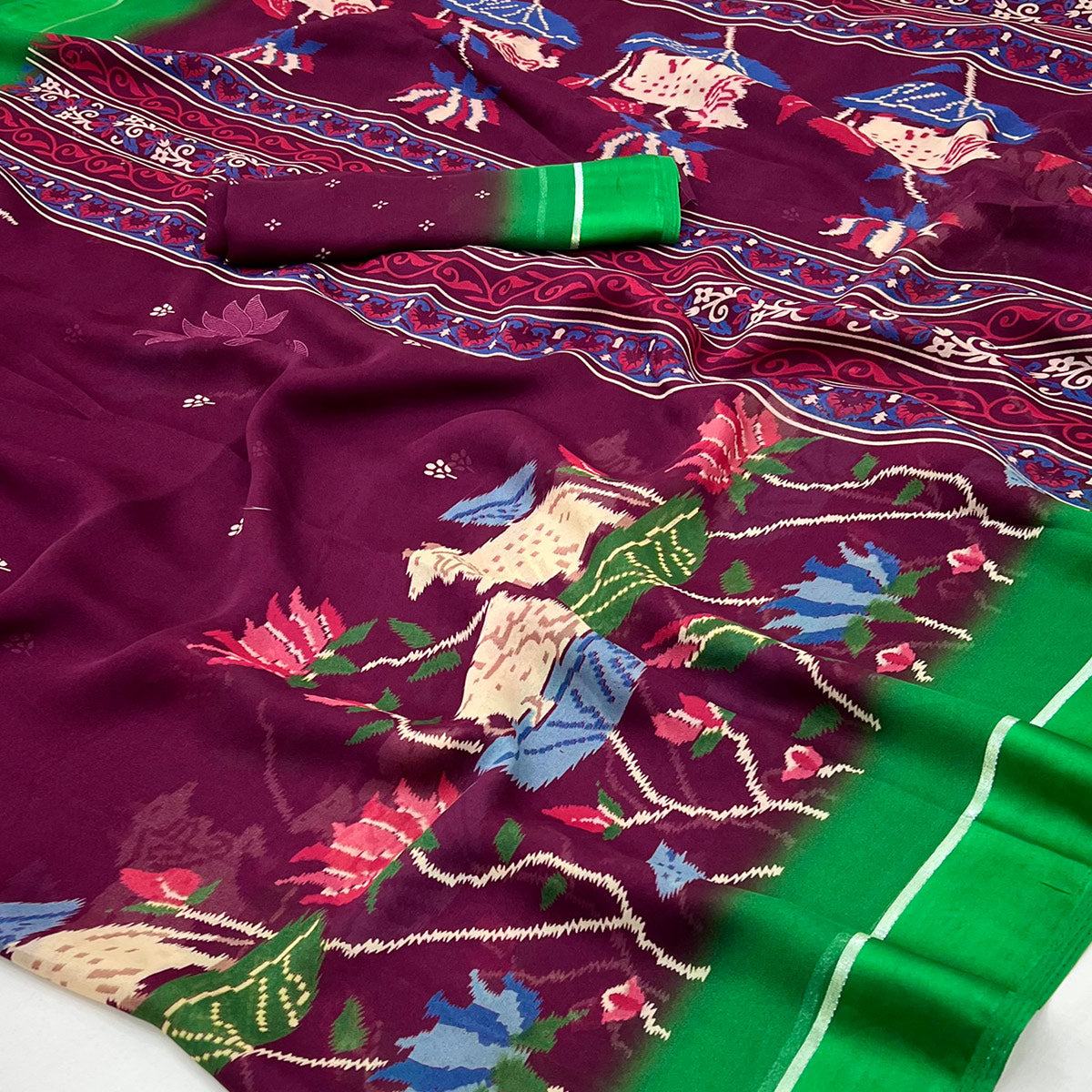 Wine Floral Printed Georgette Saree With Satin Border