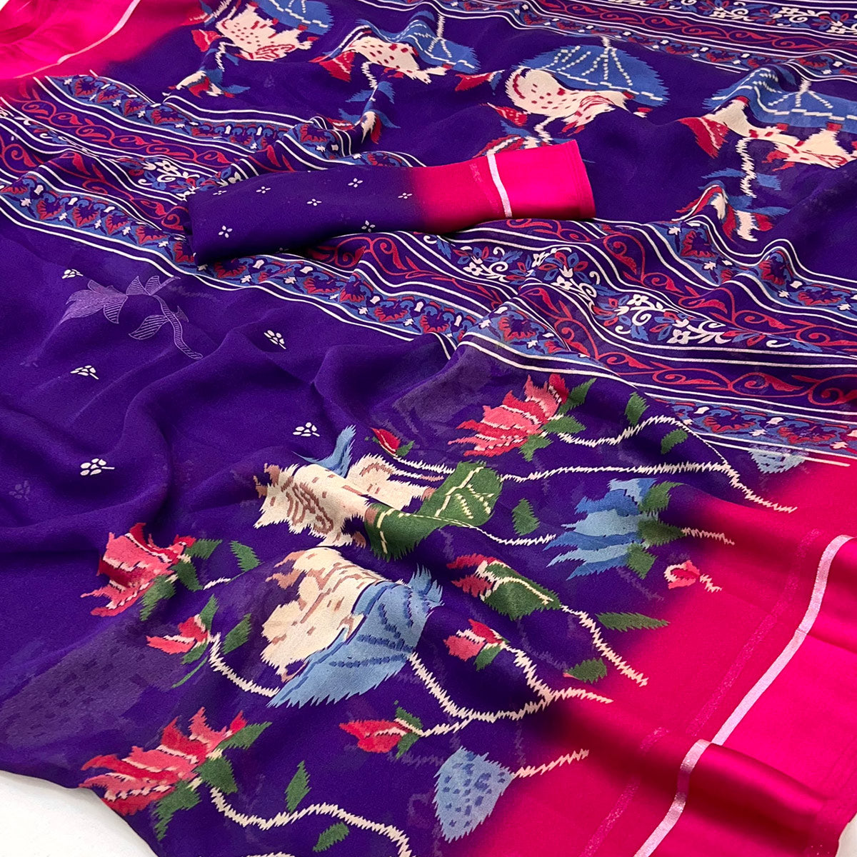 Violet Floral Printed Georgette Saree With Satin Border