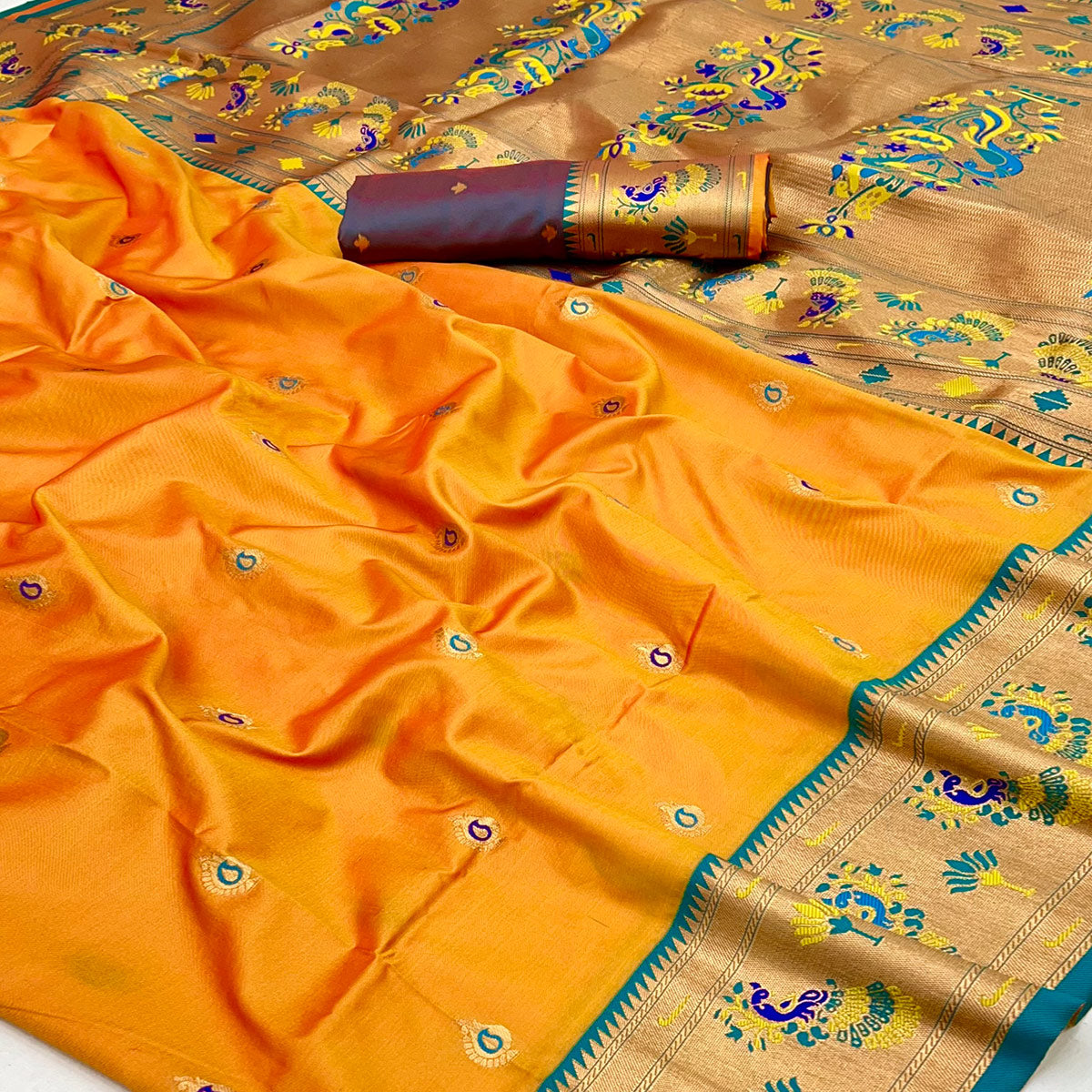 Mustard Floral Woven Pure Silk Paithani Saree