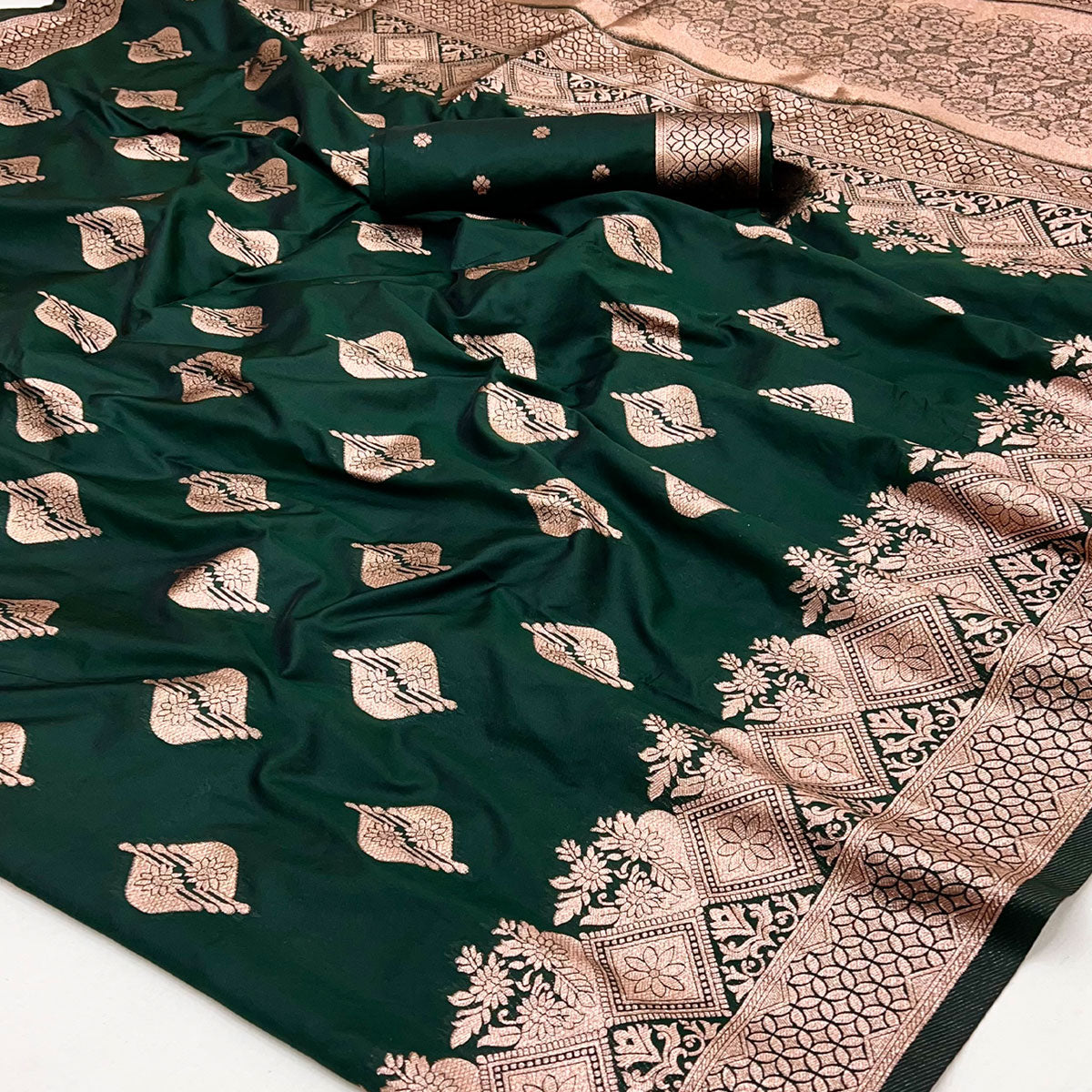 Bottle Green Floral Woven Banarasi Silk Saree