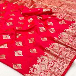 Cherry Red Floral Woven Banarasi Silk Saree