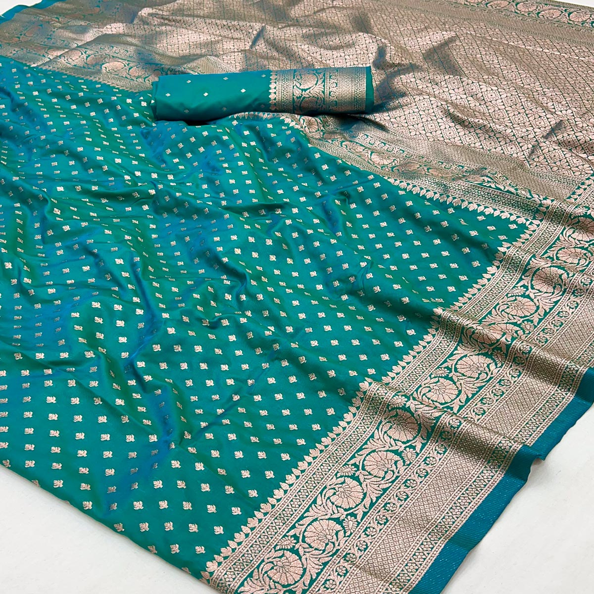 Rama Blue Floral Woven Banarasi Silk Saree
