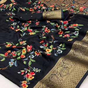 Black Floral Printed Georgette Saree With Woven Border