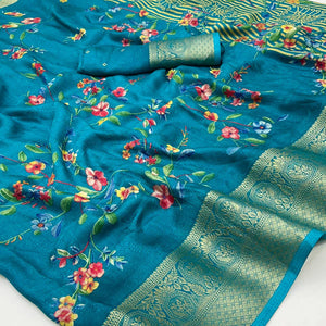 Blue Floral Printed Georgette Saree With Woven Border
