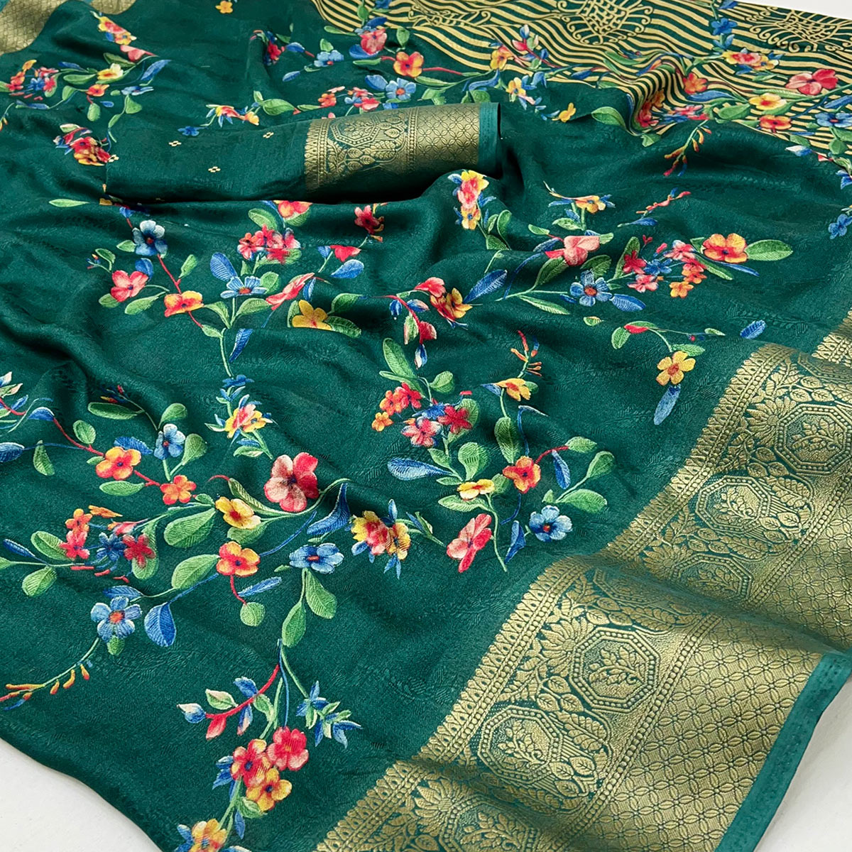 Green Floral Printed Georgette Saree With Woven Border