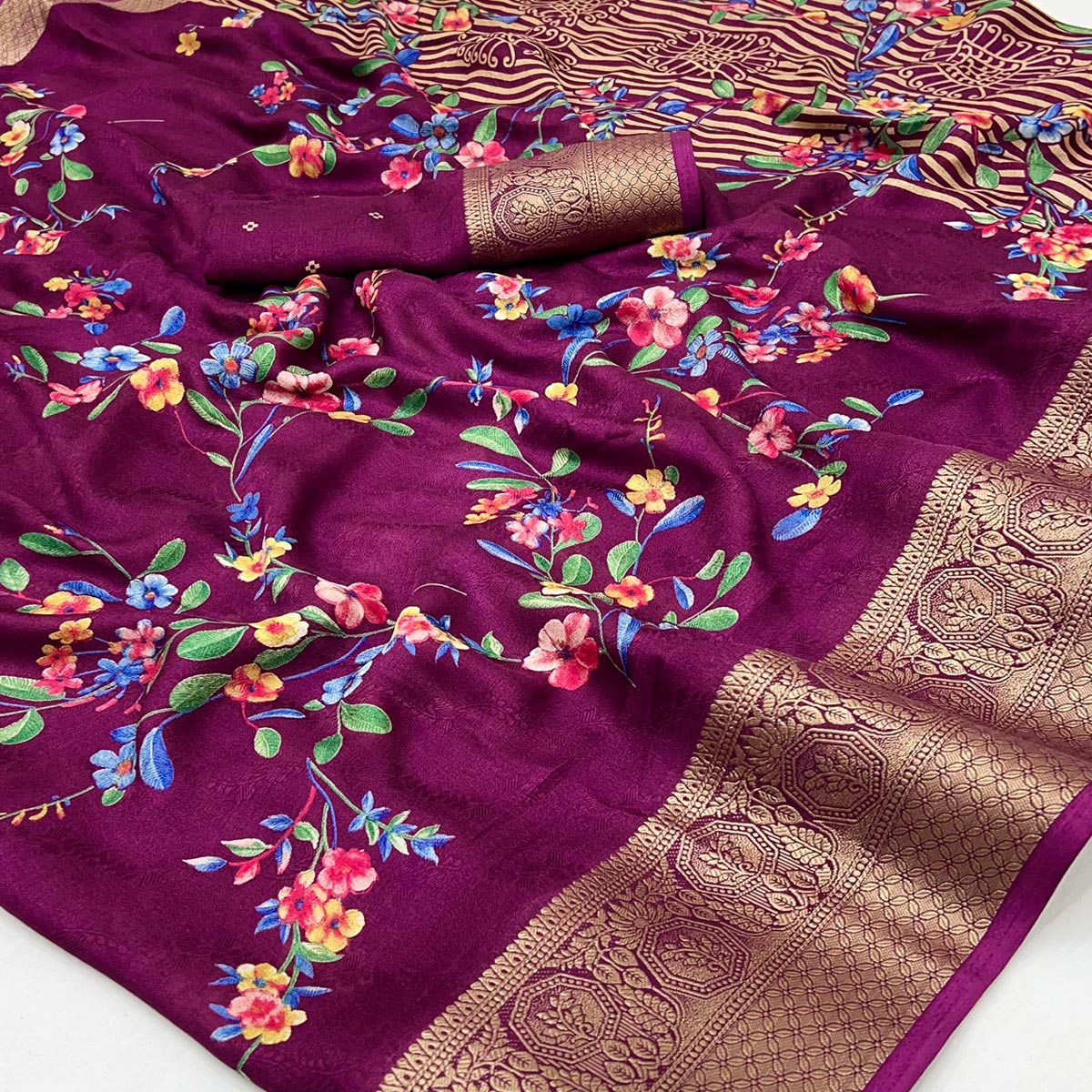 Purple Floral Printed Georgette Saree With Woven Border