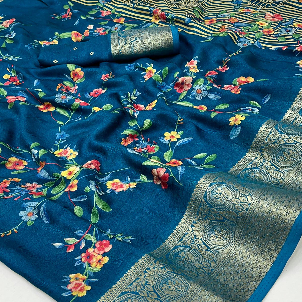 Blue Floral Printed Georgette Saree With Woven Border