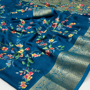 Blue Floral Printed Georgette Saree With Woven Border