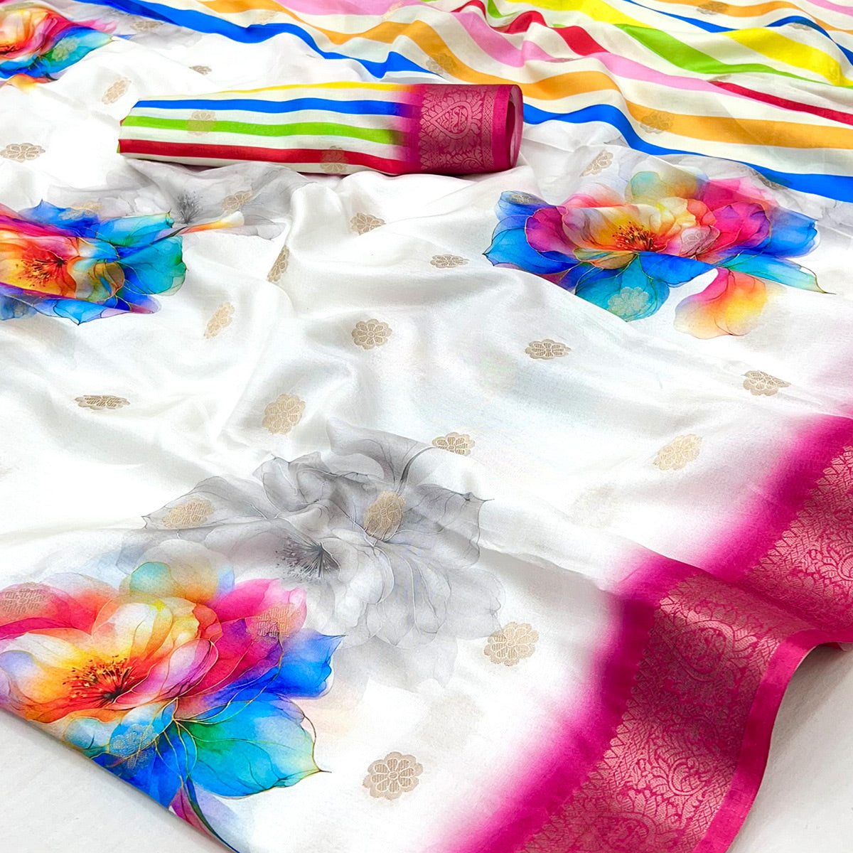 White Floral Digital Printed Dola Silk Saree With Woven Border