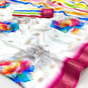 White Floral Digital Printed Dola Silk Saree With Woven Border
