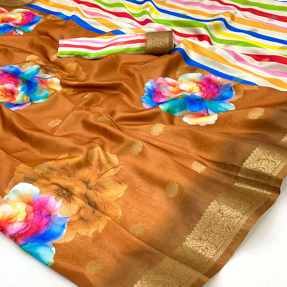 Mustard Floral Digital Printed Dola Silk Saree With Woven Border