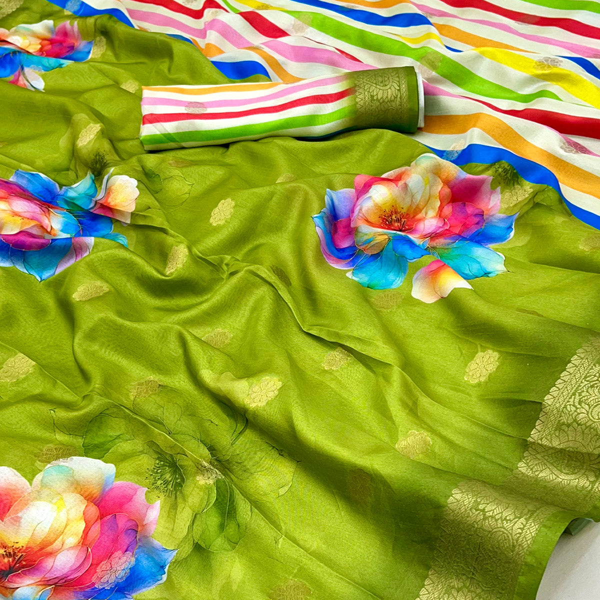 Green Floral Digital Printed Dola Silk Saree With Woven Border
