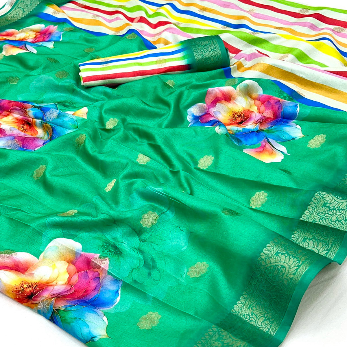 Green Floral Digital Printed Dola Silk Saree With Woven Border