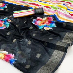 Black Floral Digital Printed Dola Silk Saree With Woven Border