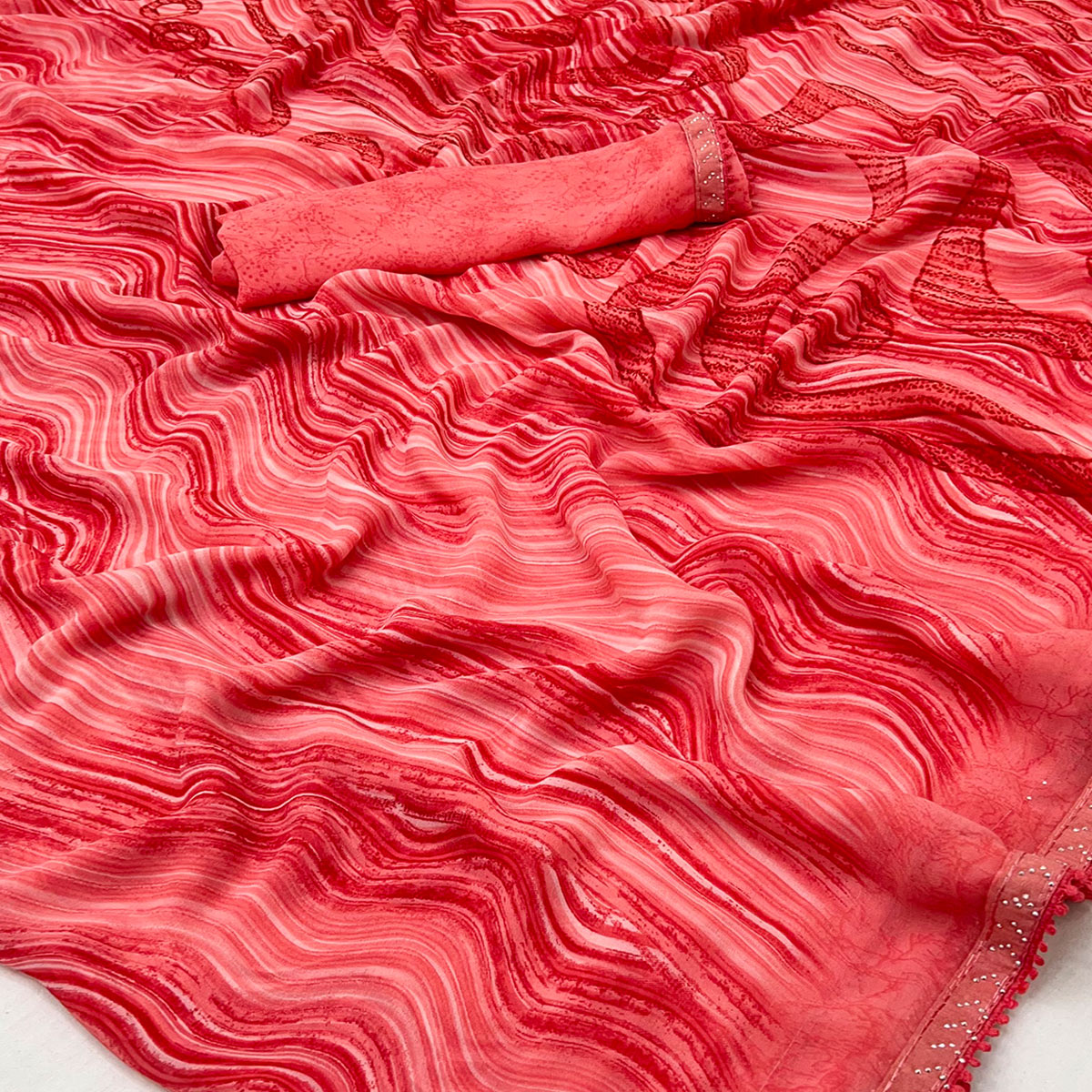 Gajari Pink Printed Georgette Saree With Fancy Lace Border