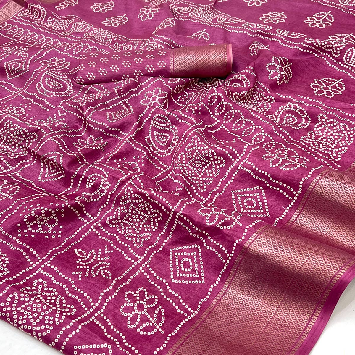 Dark Magenta Bandhani Printed Dola Silk Saree With Woven Border
