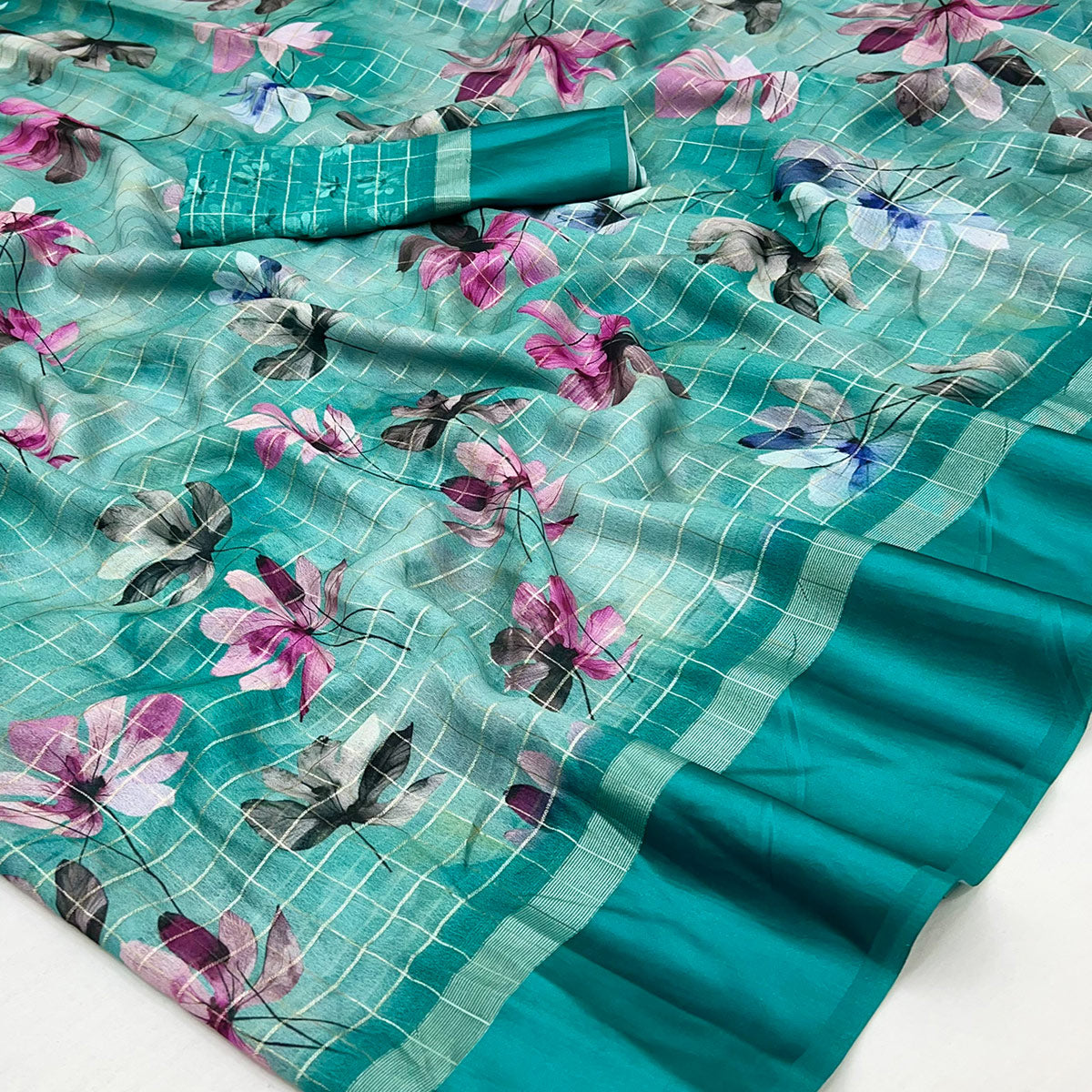 Rama Green Floral Digital Printed With Zari Woven Georgette Saree