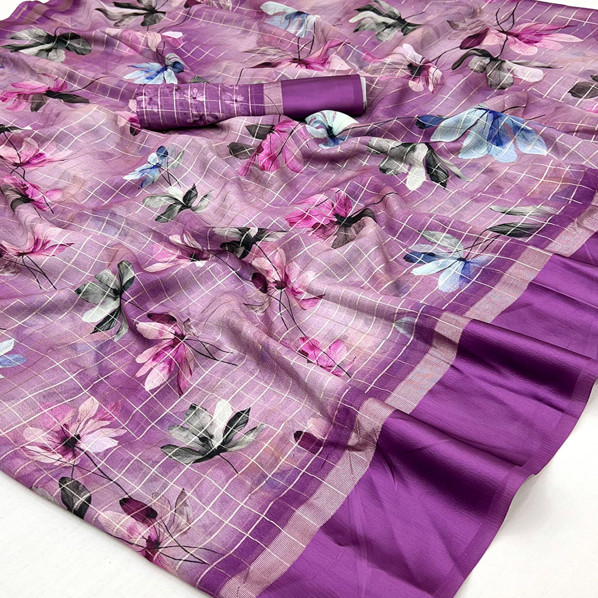 Purple Floral Digital Printed With Zari Woven Georgette Saree