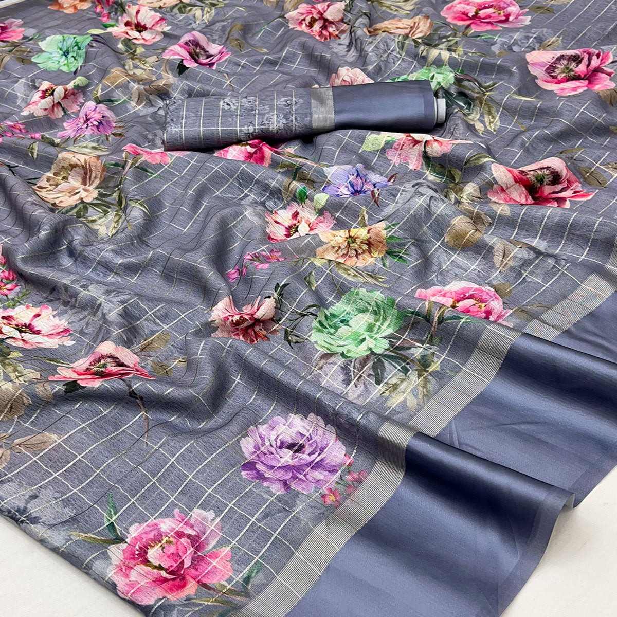 Grey Floral Digital Printed With Zari Woven Georgette Saree
