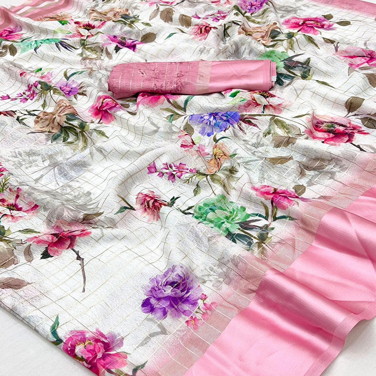White Floral Digital Printed With Zari Woven Georgette Saree