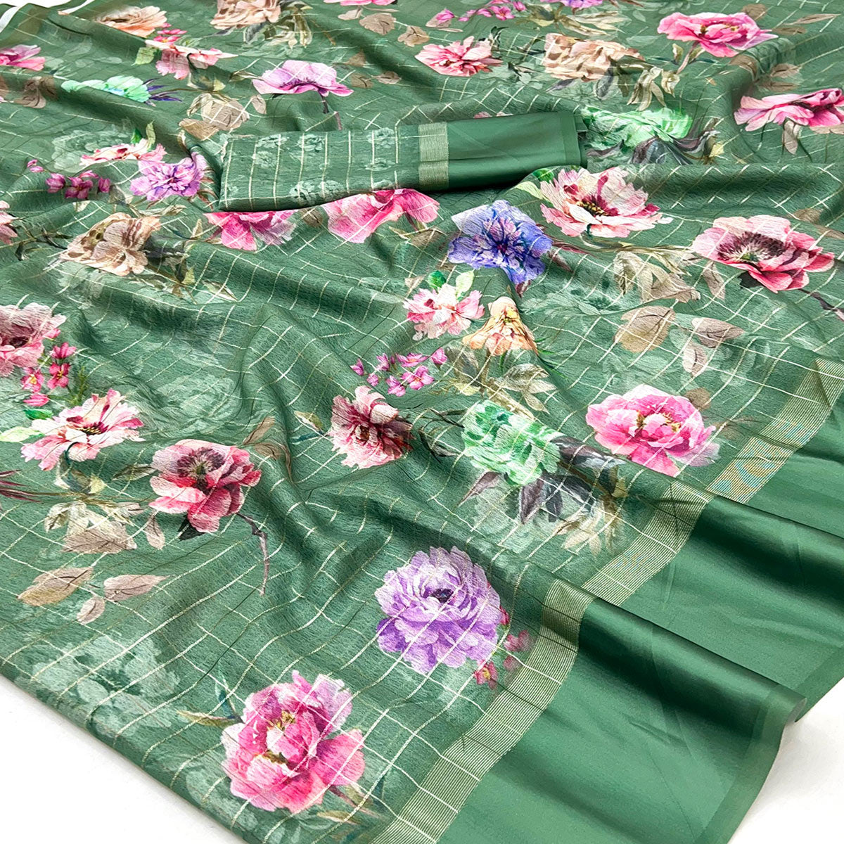 Green Floral Digital Printed With Zari Woven Georgette Saree