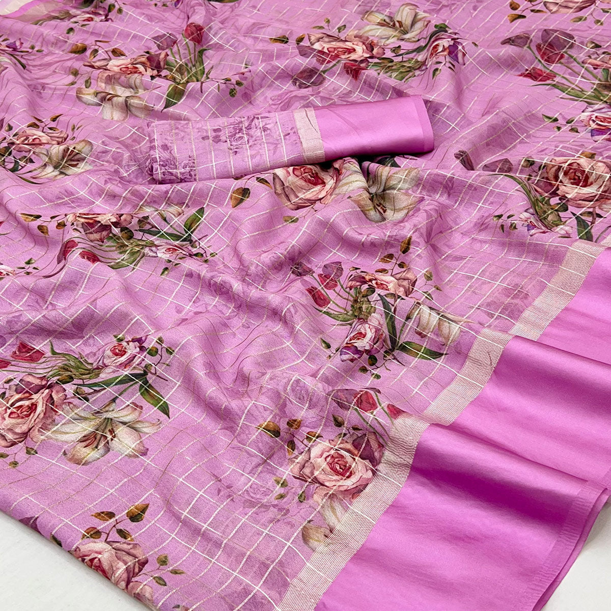 Pink Floral Digital Printed With Zari Woven Georgette Saree