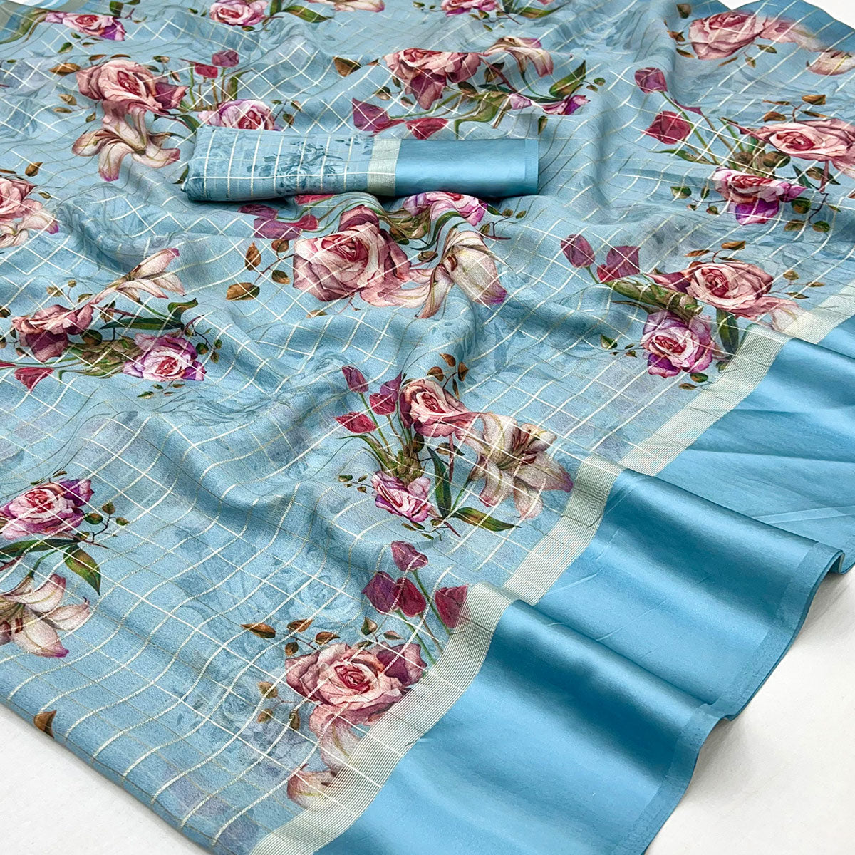 Sky Blue Floral Digital Printed With Zari Woven Georgette Saree