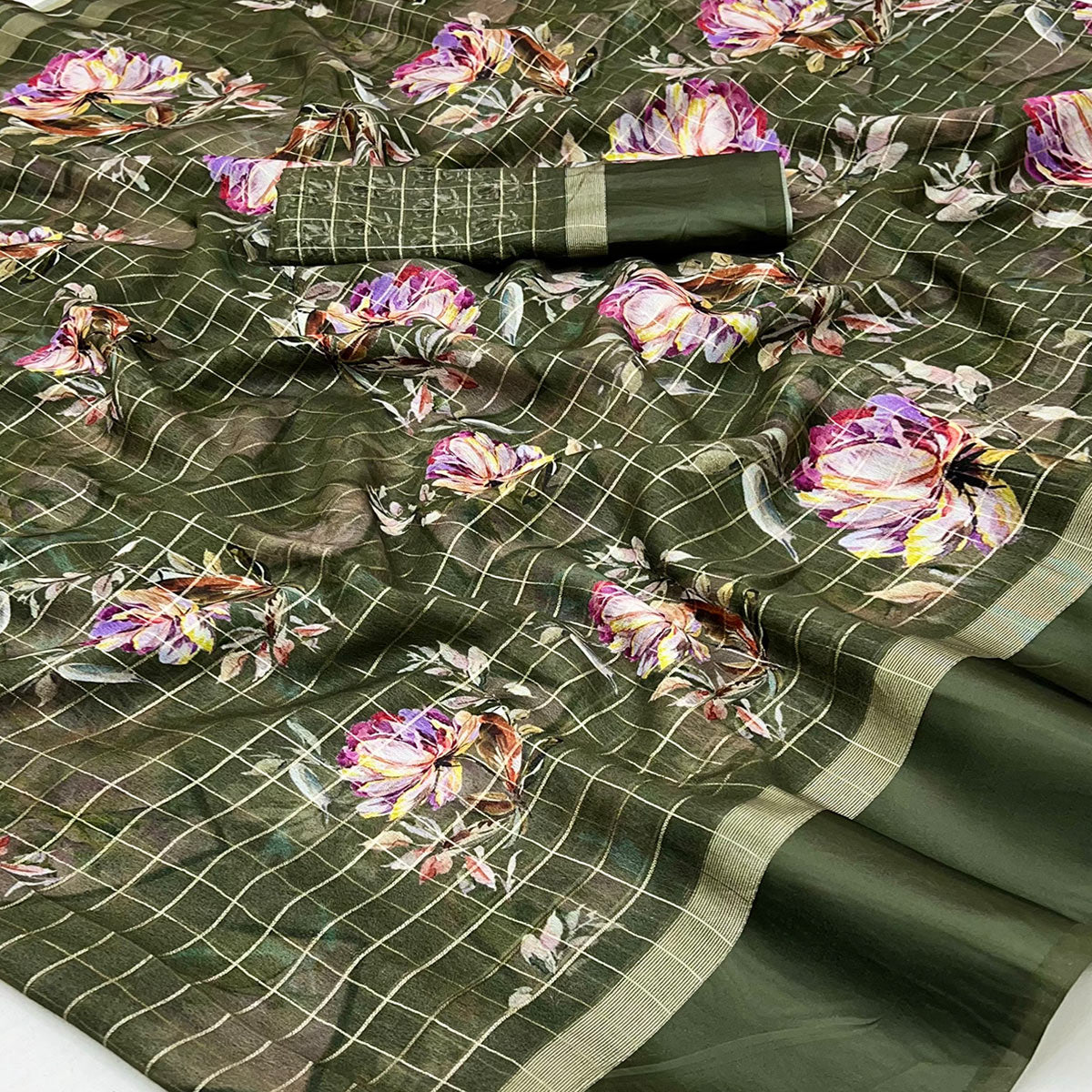 Mehendi Green Floral Digital Printed With Zari Woven Georgette Saree