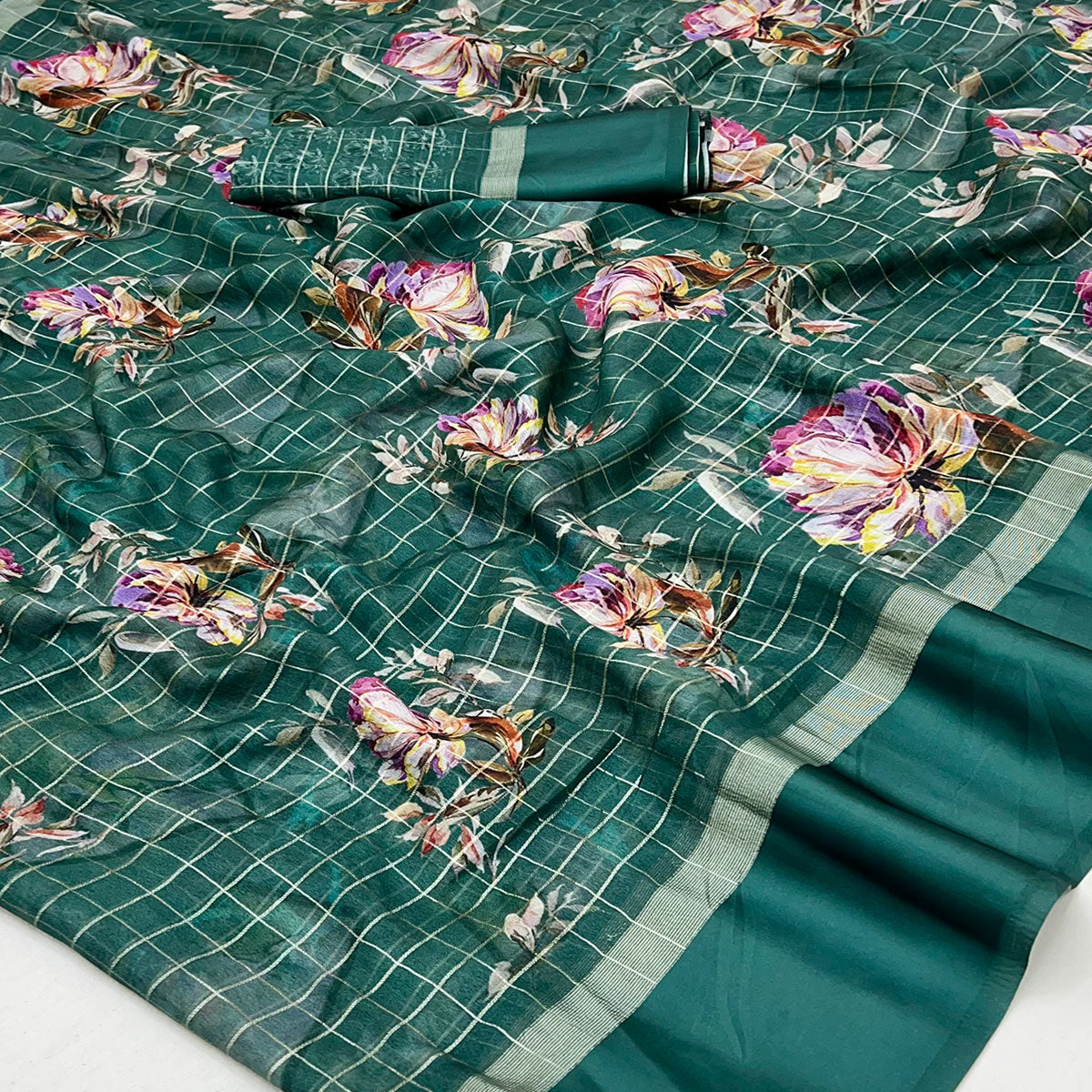 Green Floral Digital Printed With Zari Woven Georgette Saree