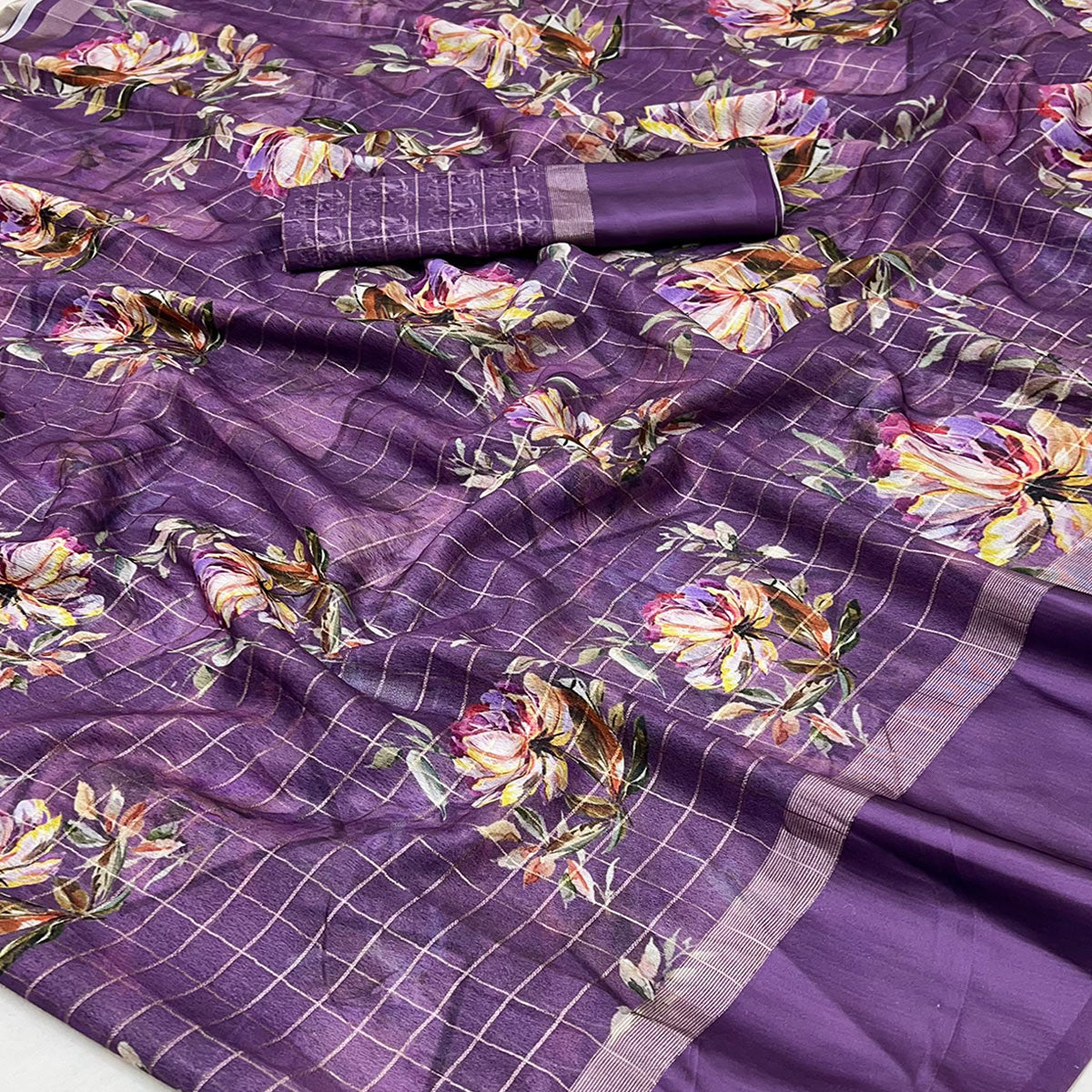 Purple Floral Digital Printed With Zari Woven Georgette Saree