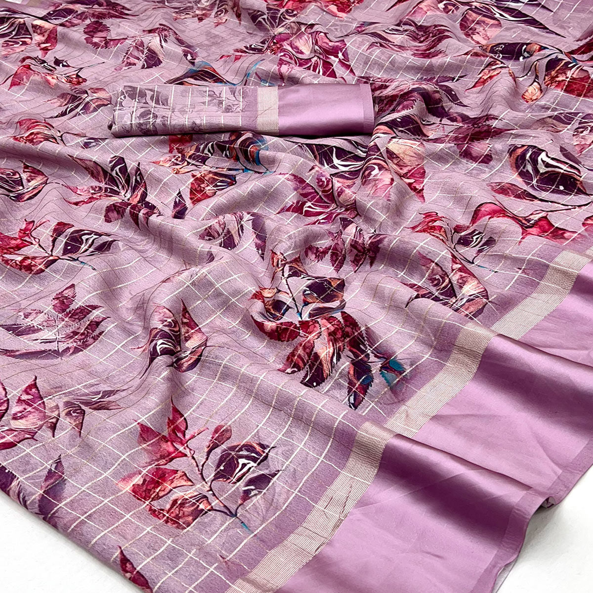 Onion Pink Floral Digital Printed With Zari Woven Georgette Saree