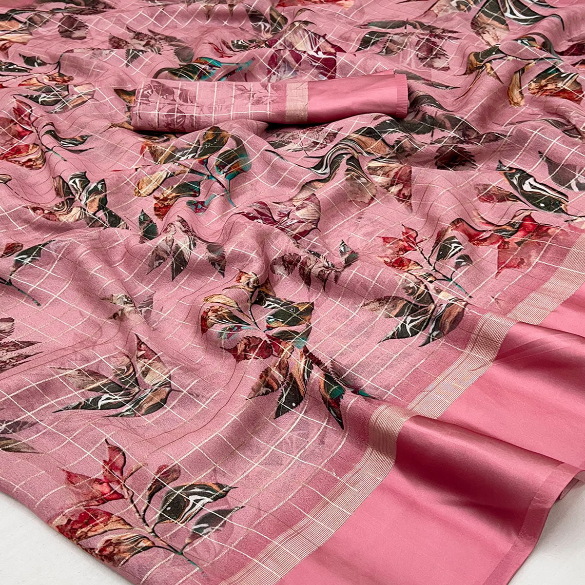 Peach Floral Digital Printed With Zari Woven Georgette Saree