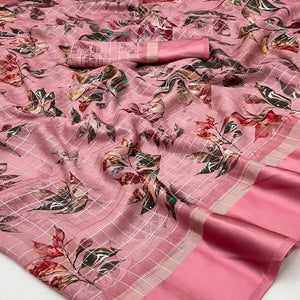 Peach Floral Digital Printed With Zari Woven Georgette Saree