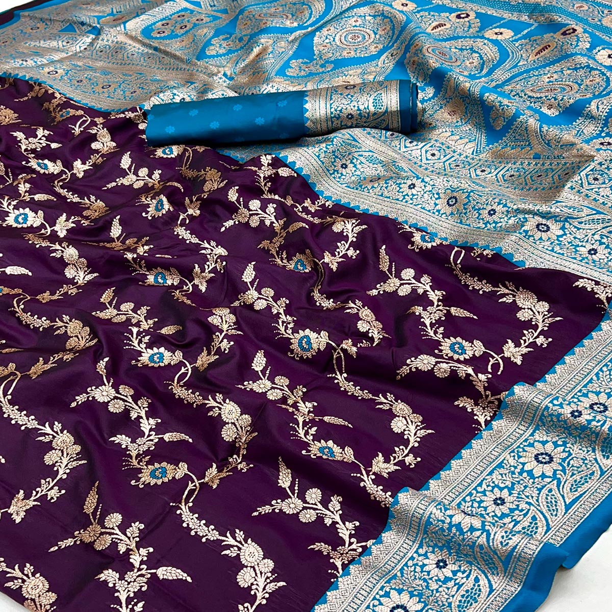 Dark Purple Art Silk Saree With Intricate Floral Banarasi Zari Weaving