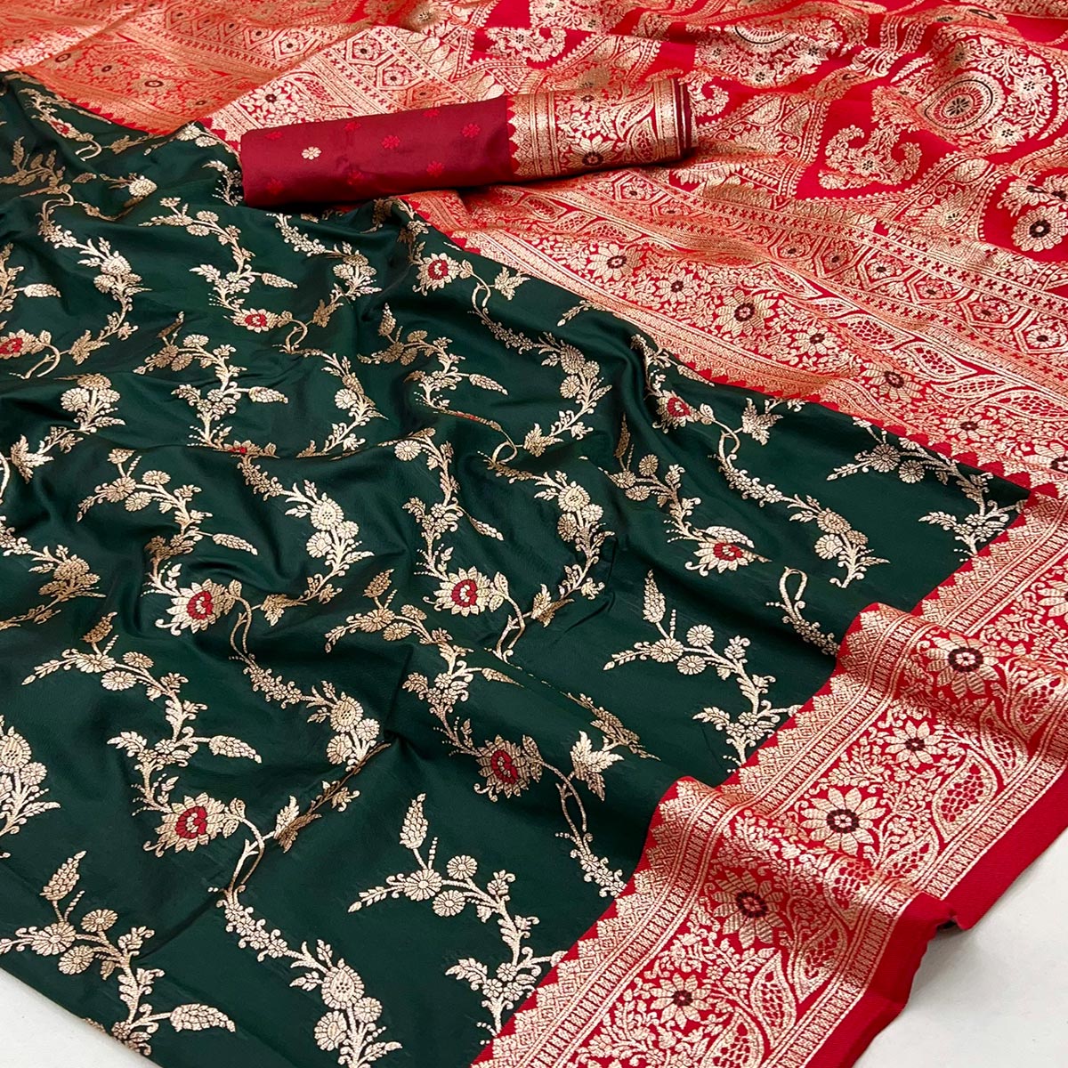 Dark Green Art Silk Saree With Intricate Floral Banarasi Zari Weaving