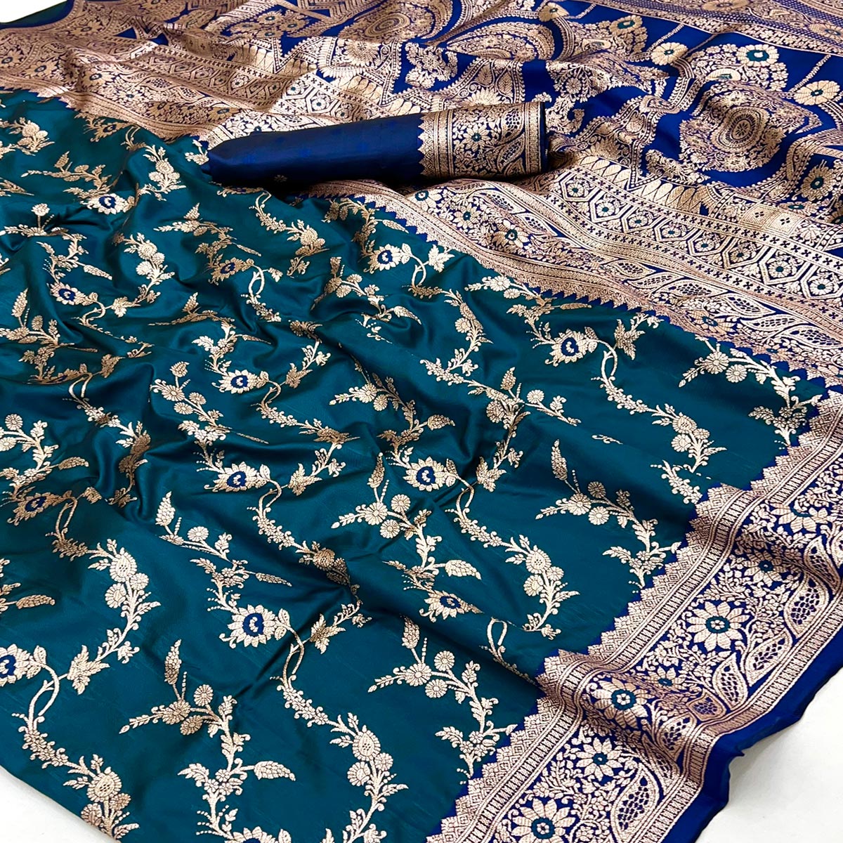 Teal Art Silk Saree With Intricate Floral Banarasi Zari Weaving