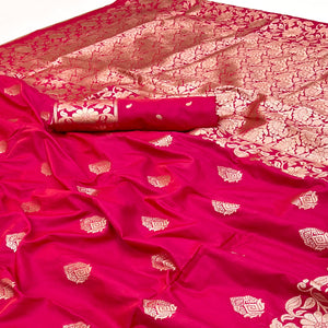 Rani Pink Art Silk Saree With Intricate Zari Weave & Majestic Banarasi Pallu