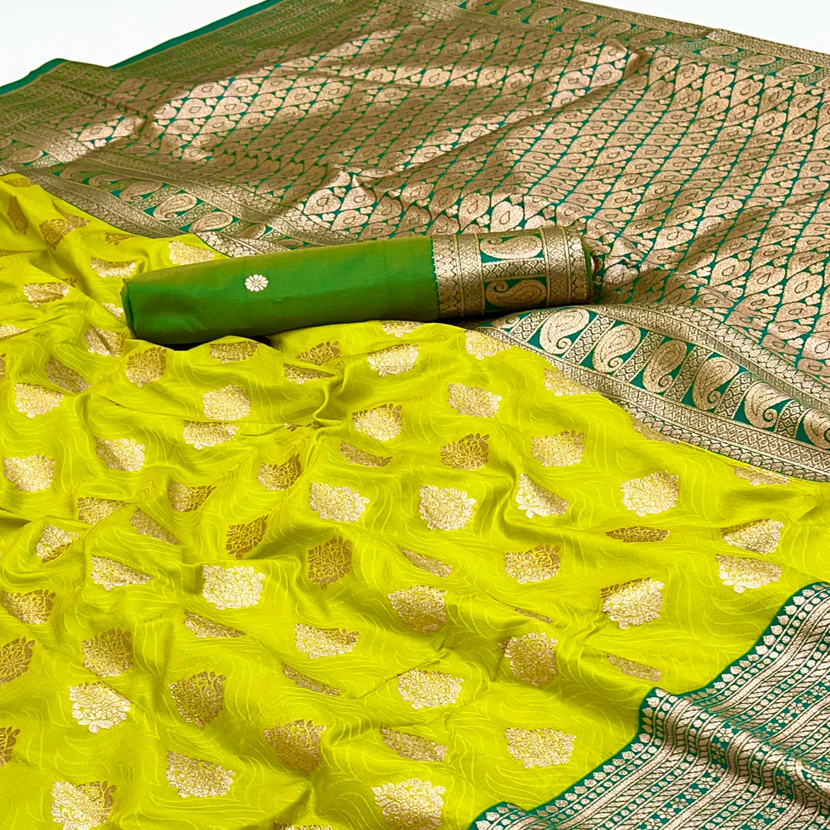 Stunning Zari Woven Parrot Green Art Silk Saree Accented With A Heritage Banarasi Pallu