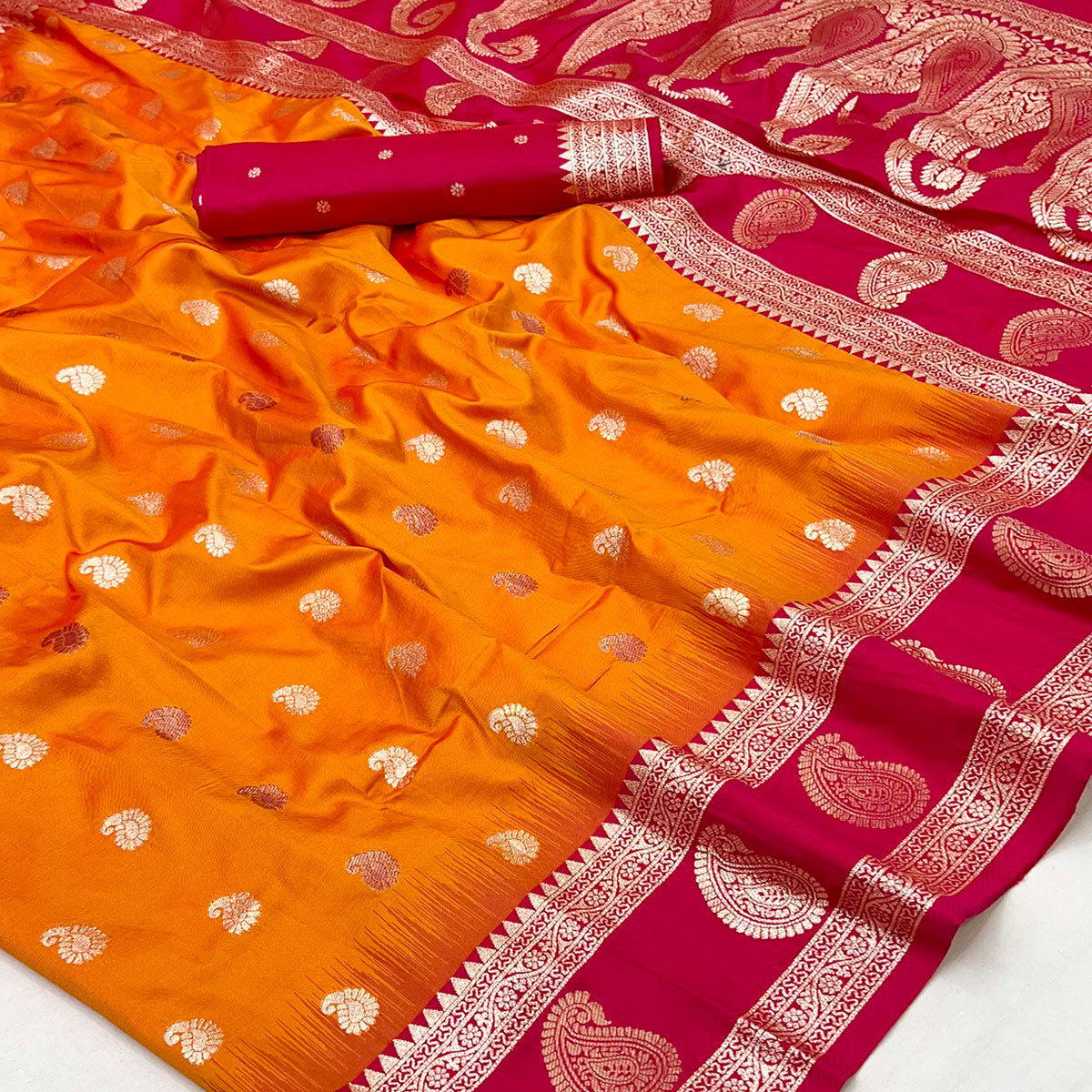 Orange Art Silk Saree Adorned With Zari Woven Paisley Motifs & Rich Banarasi Pallu