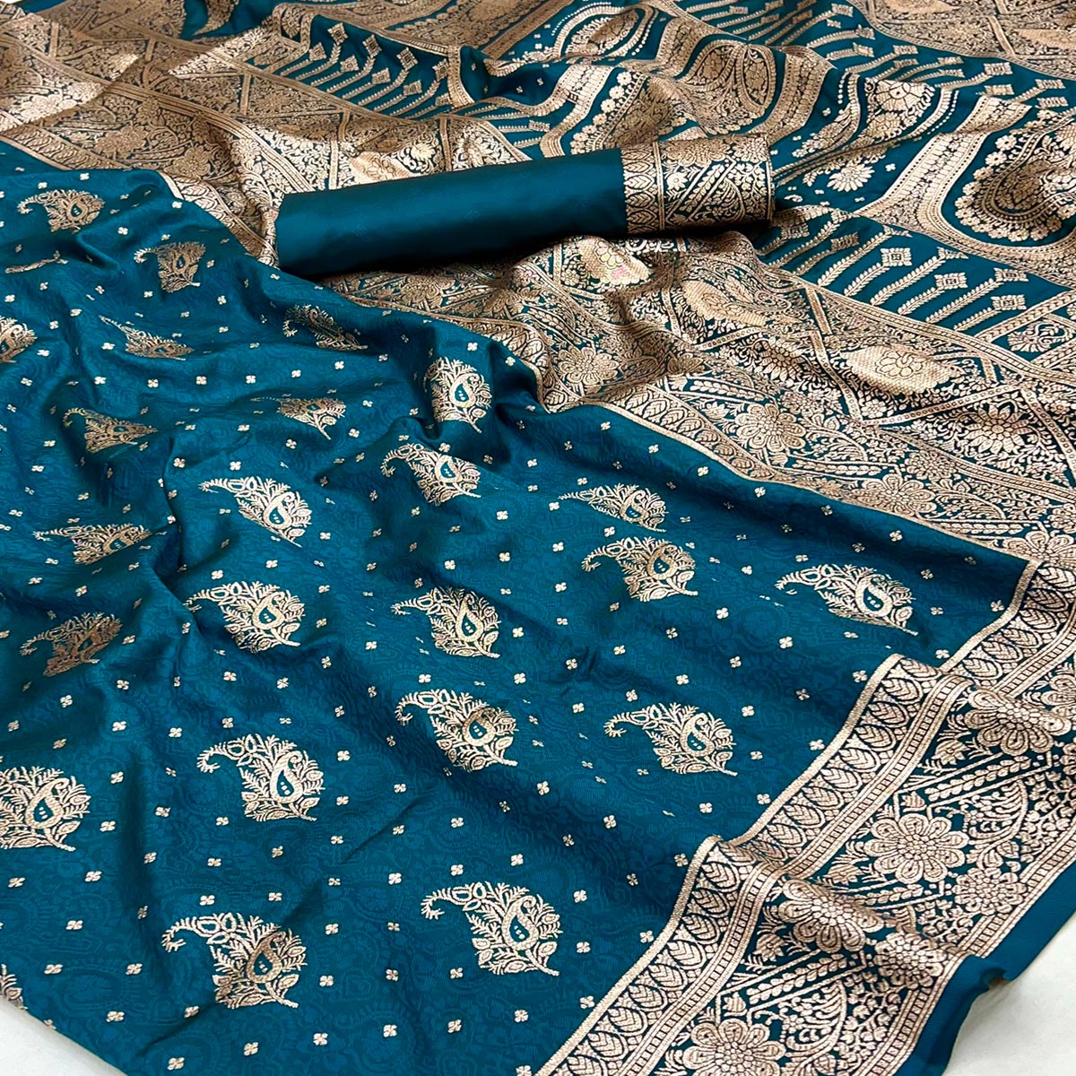 Teal Zari Woven Saree in Soft Art Silk with Heritage Paisley Designs