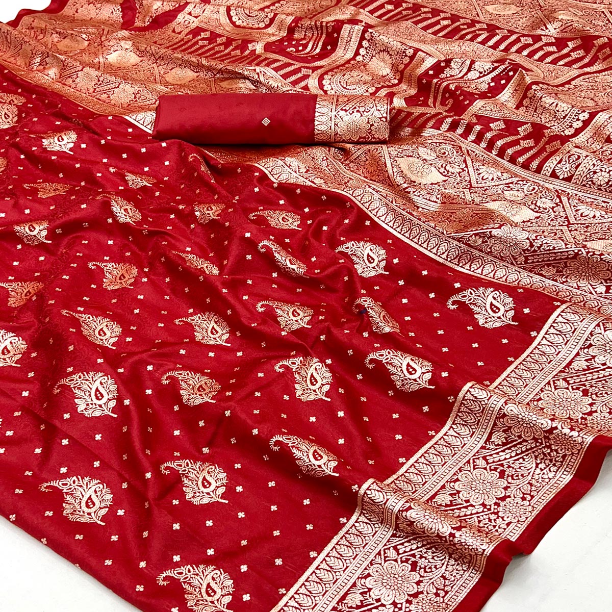 Red Zari Woven Saree in Soft Art Silk with Heritage Paisley Designs