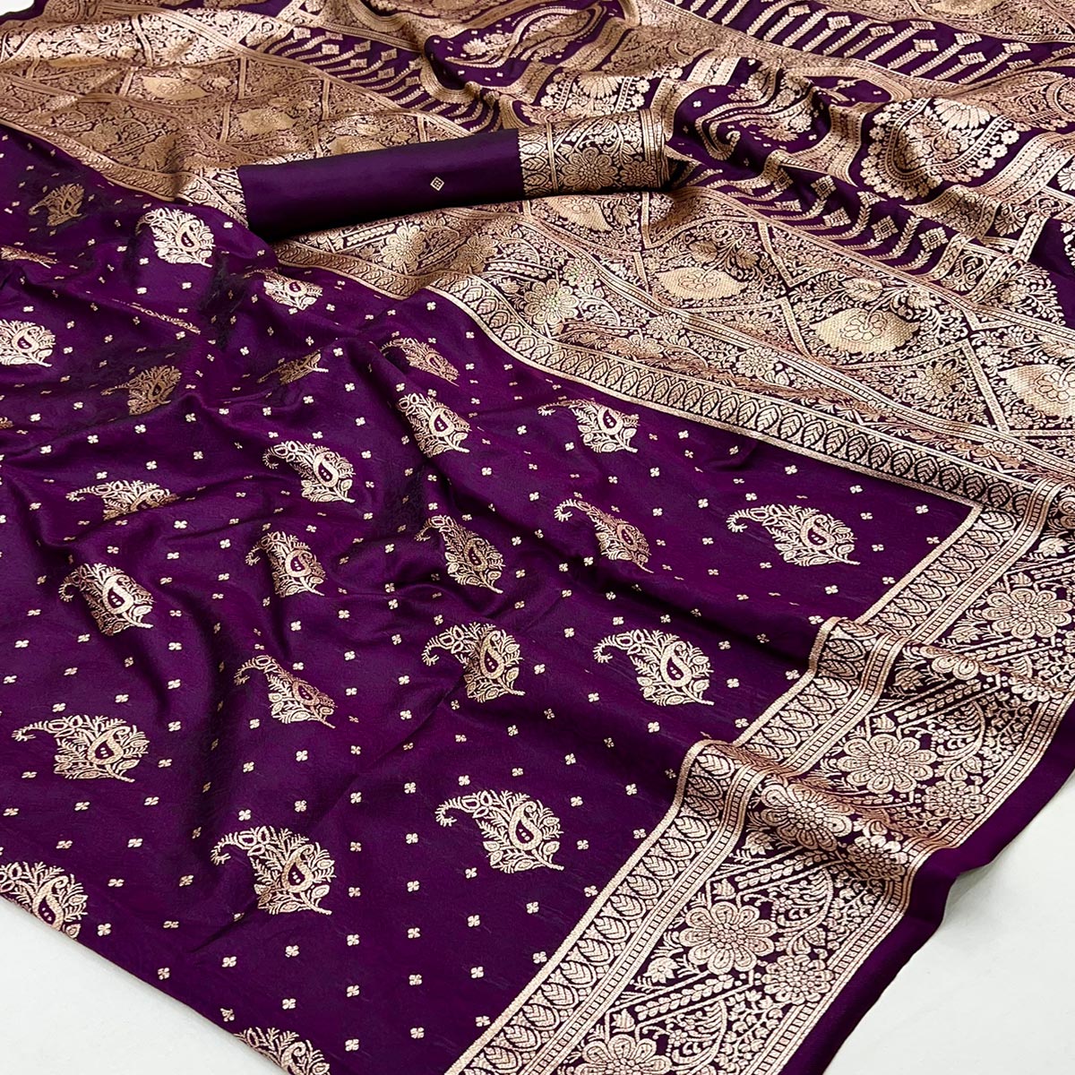 Purple Zari Woven Saree in Soft Art Silk with Heritage Paisley Designs