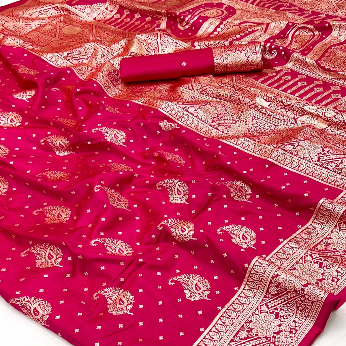 Pink Zari Woven Saree in Soft Art Silk with Heritage Paisley Designs
